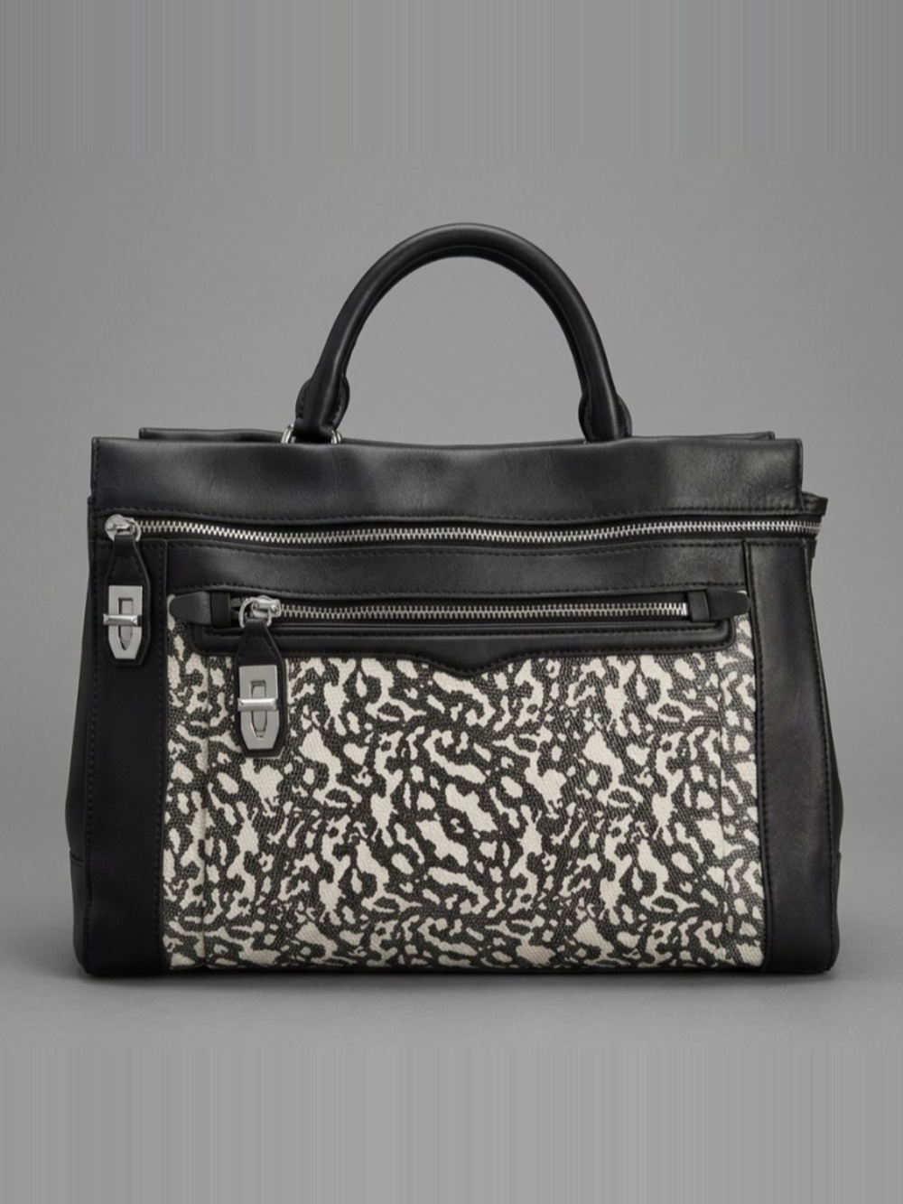 Rebecca Minkoff MAB Morning After Bag Tote Black Leather Animal Print Canvas